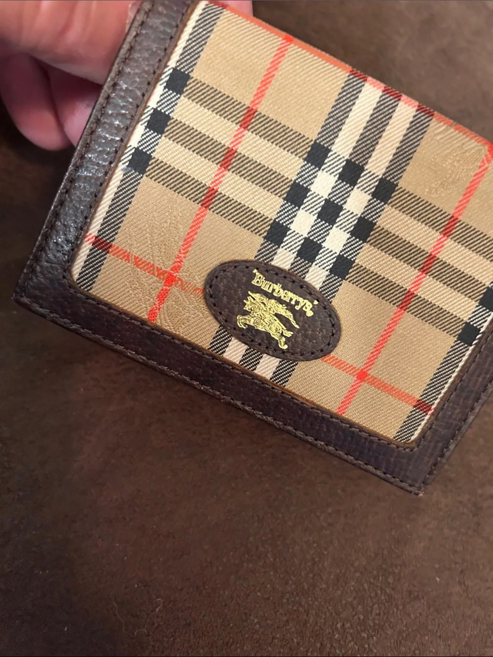 Burberry Beige Check Bifold Wallet with Brown Trim and Red Accents